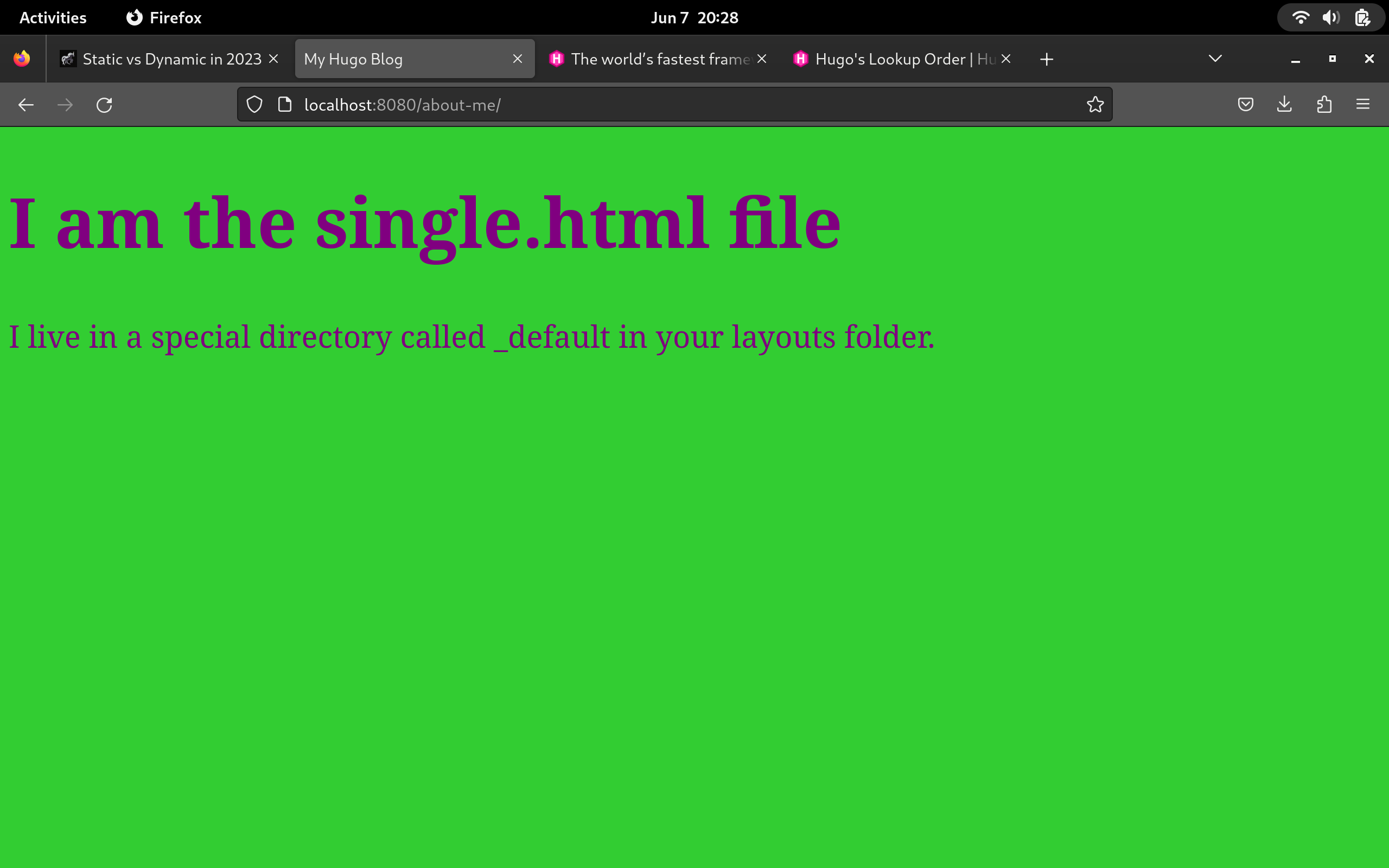 About me page updated to show single.html template